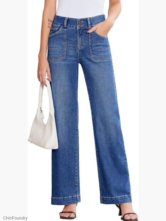 Denim - High Waisted Wide Leg Stretchy Tummy Control Straight Denim Pants